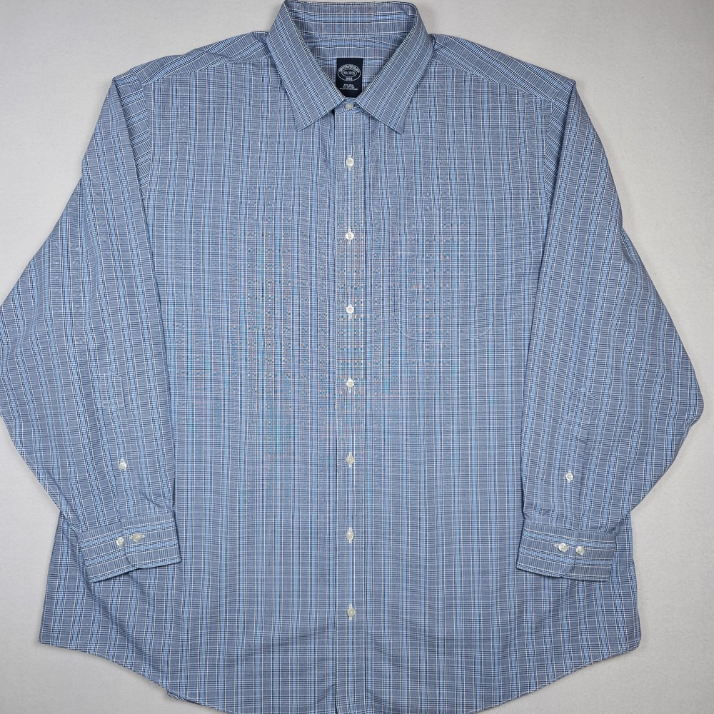 Brooks Brothers Shirt Mens 18.5 34/35 Blue‎ Plaid Button Up Long Sleeve Non Iron